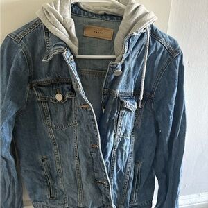 BlankNYC Denim Jacket with Grey Hooded Liner -  Casual Layering Jacket.